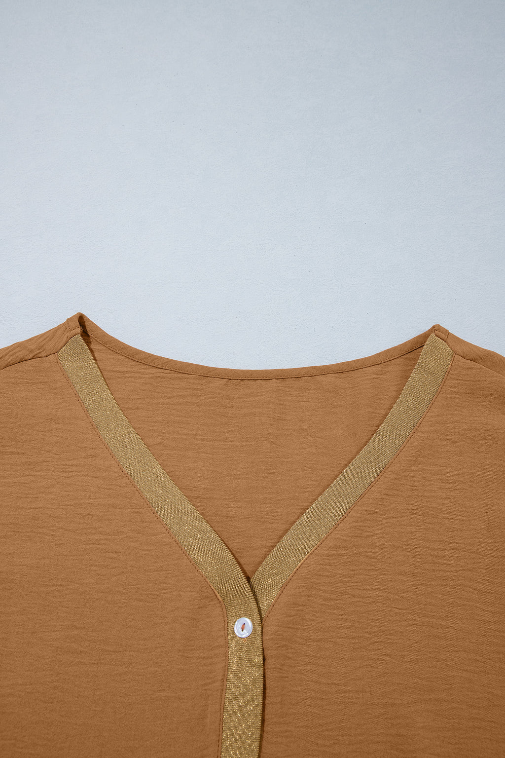 Brown V Neck Glitter Trim Patchwork Button-Front Blouse