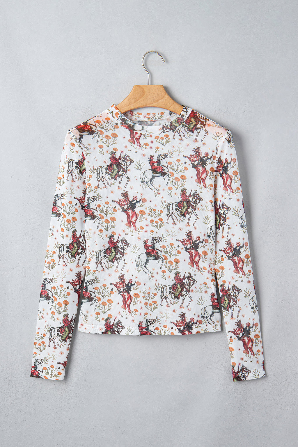 Beige Western Cowboy Floral Print Sheer Mesh Long Sleeve Top