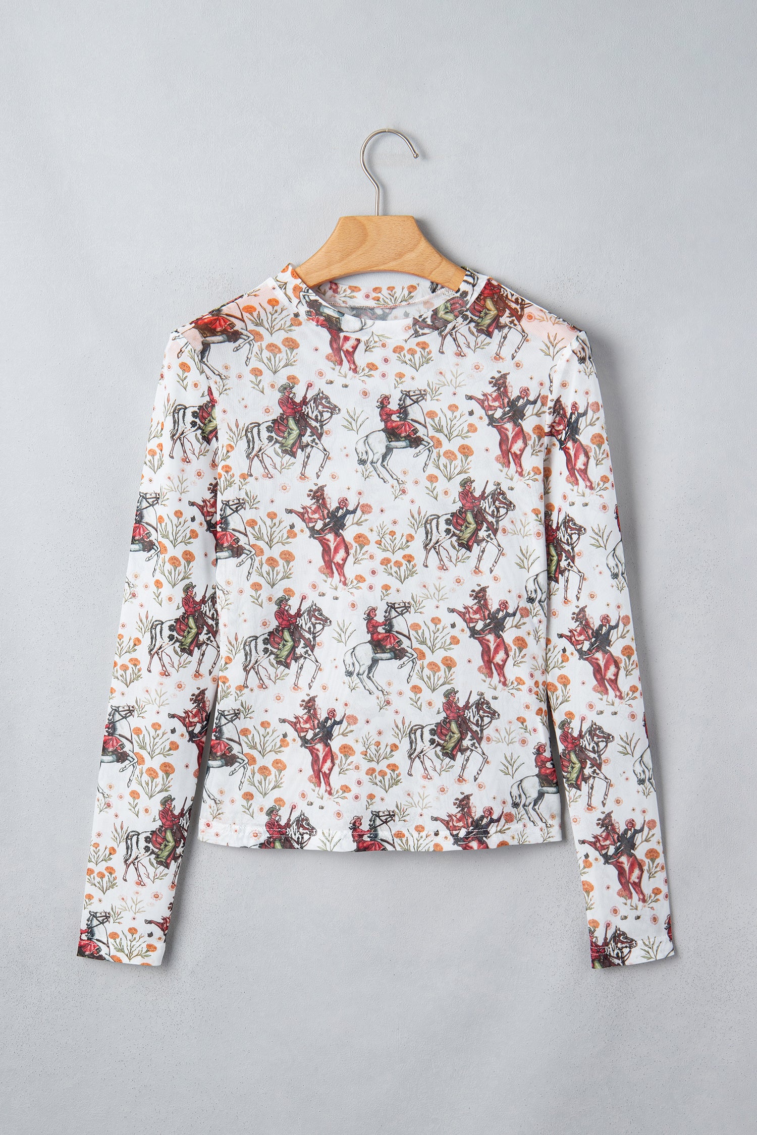 Beige Western Cowboy Floral Print Sheer Mesh Long Sleeve Top