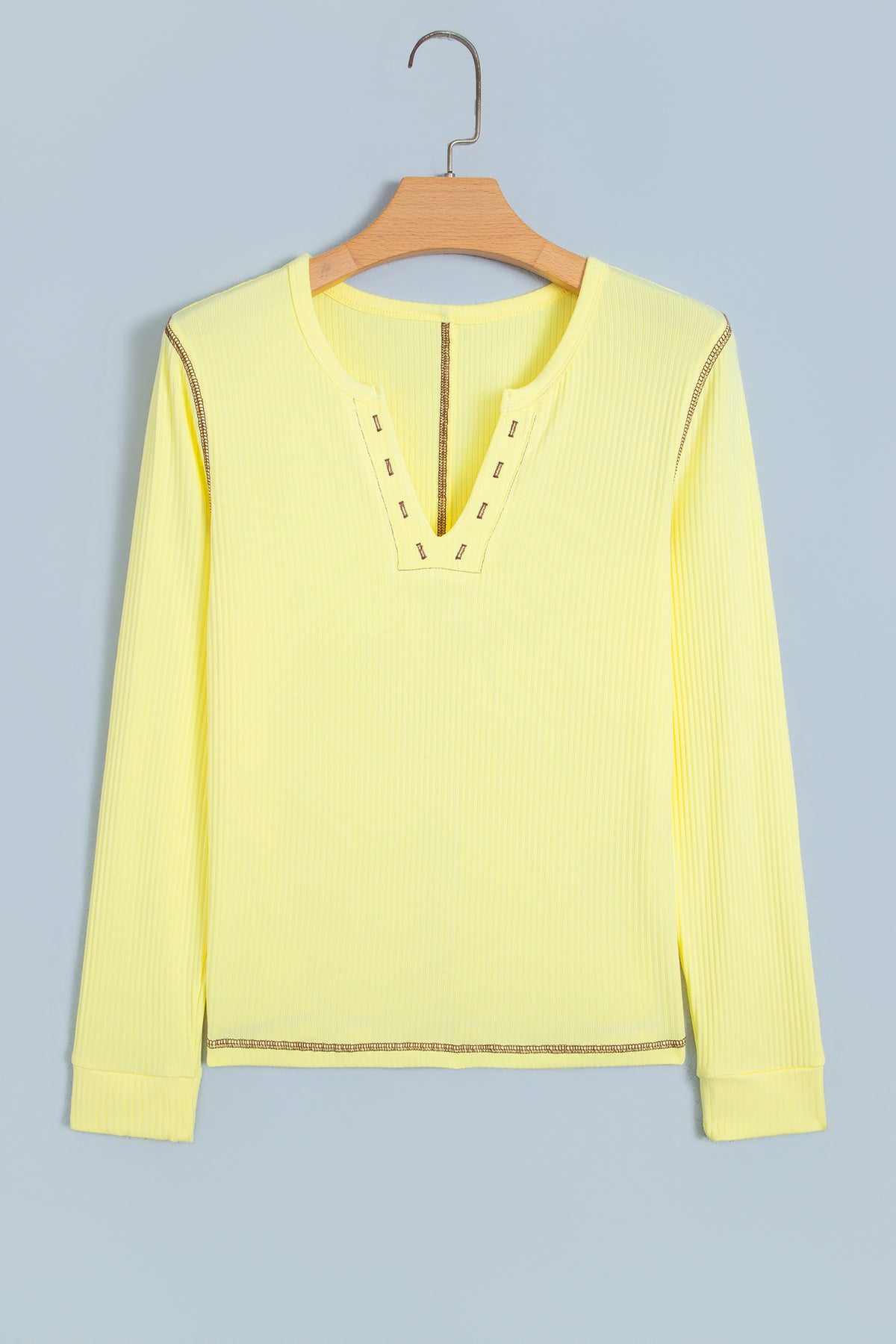 Peacock Blue V Neck Ribbed Stitched Detail Long Sleeve Top