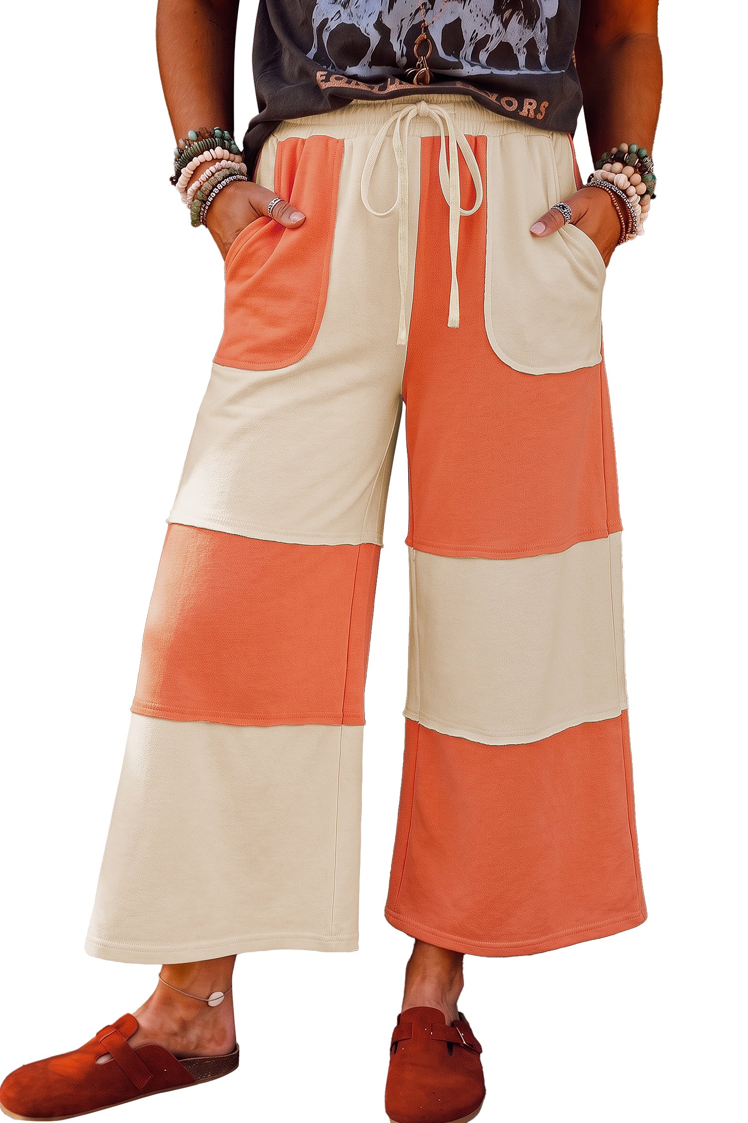 Fiery Red Raw Seam Colorblock Wide Leg Ankle Length Casual Pants