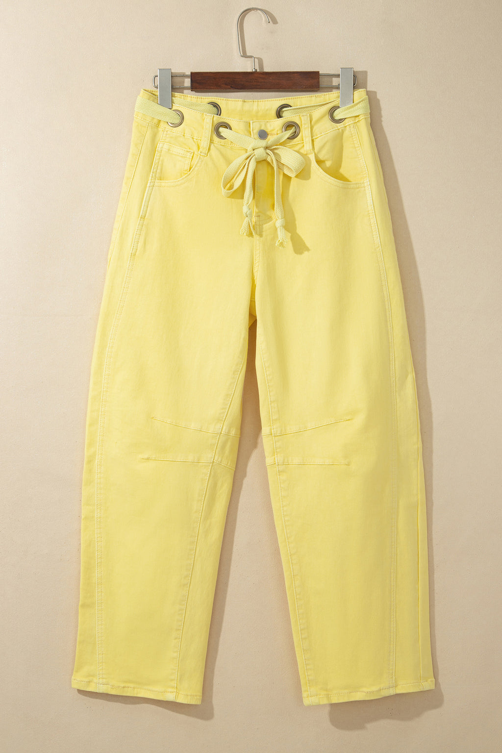 Light Pink Solid Color Grommet Detail Knot Waist Barrel Jeans