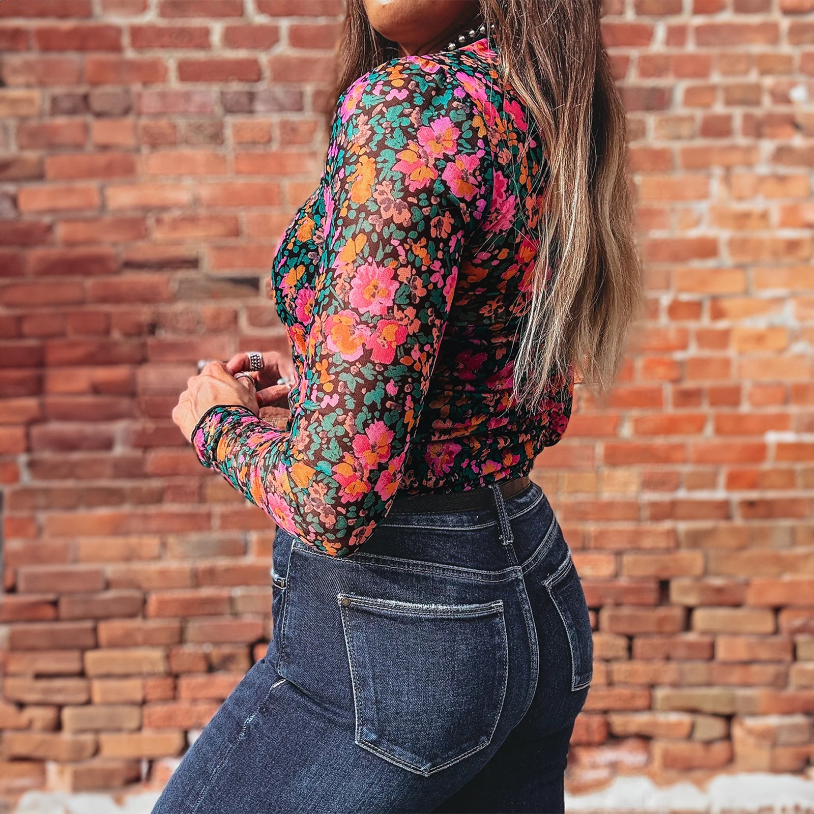 Oatmeal Western Print Slim Fit Mesh Long Sleeve Mock Neck Top