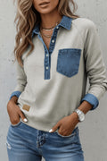 Sleet Denim Collar Patchwork Long Sleeve Pullover Top