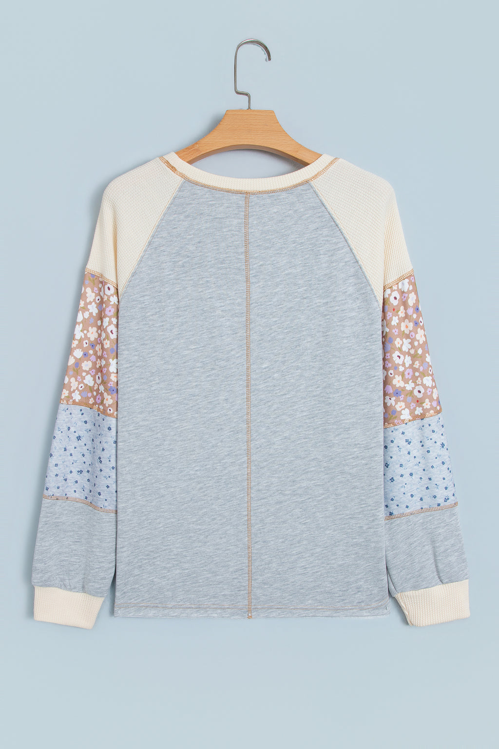 Light Grey Color Block Floral Waffle Mixed Patchwork Long Sleeve Top