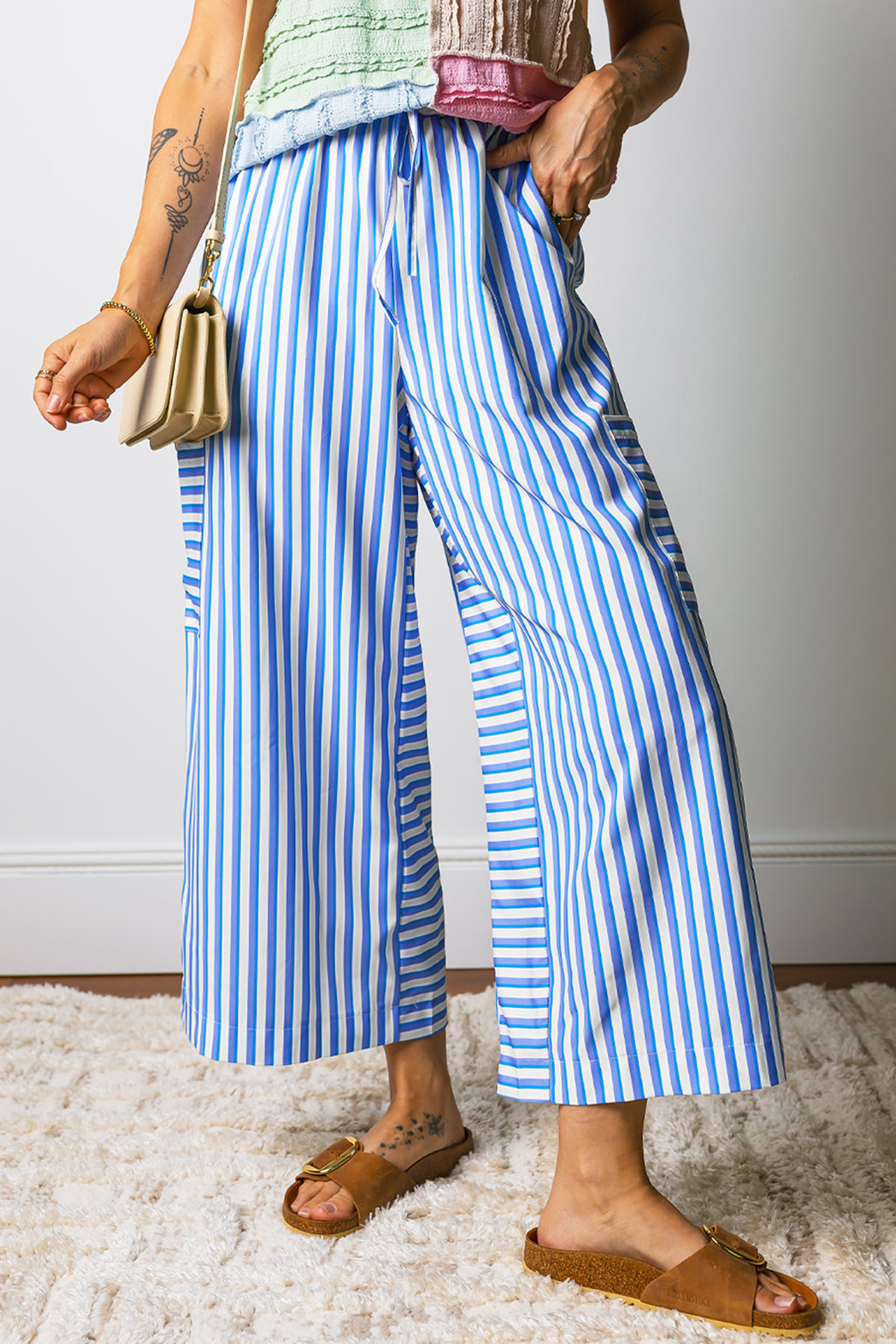 Sky Blue Stripe Drawstring Elastic Waist Patch Pocket Wide Leg Ankle-length Pants