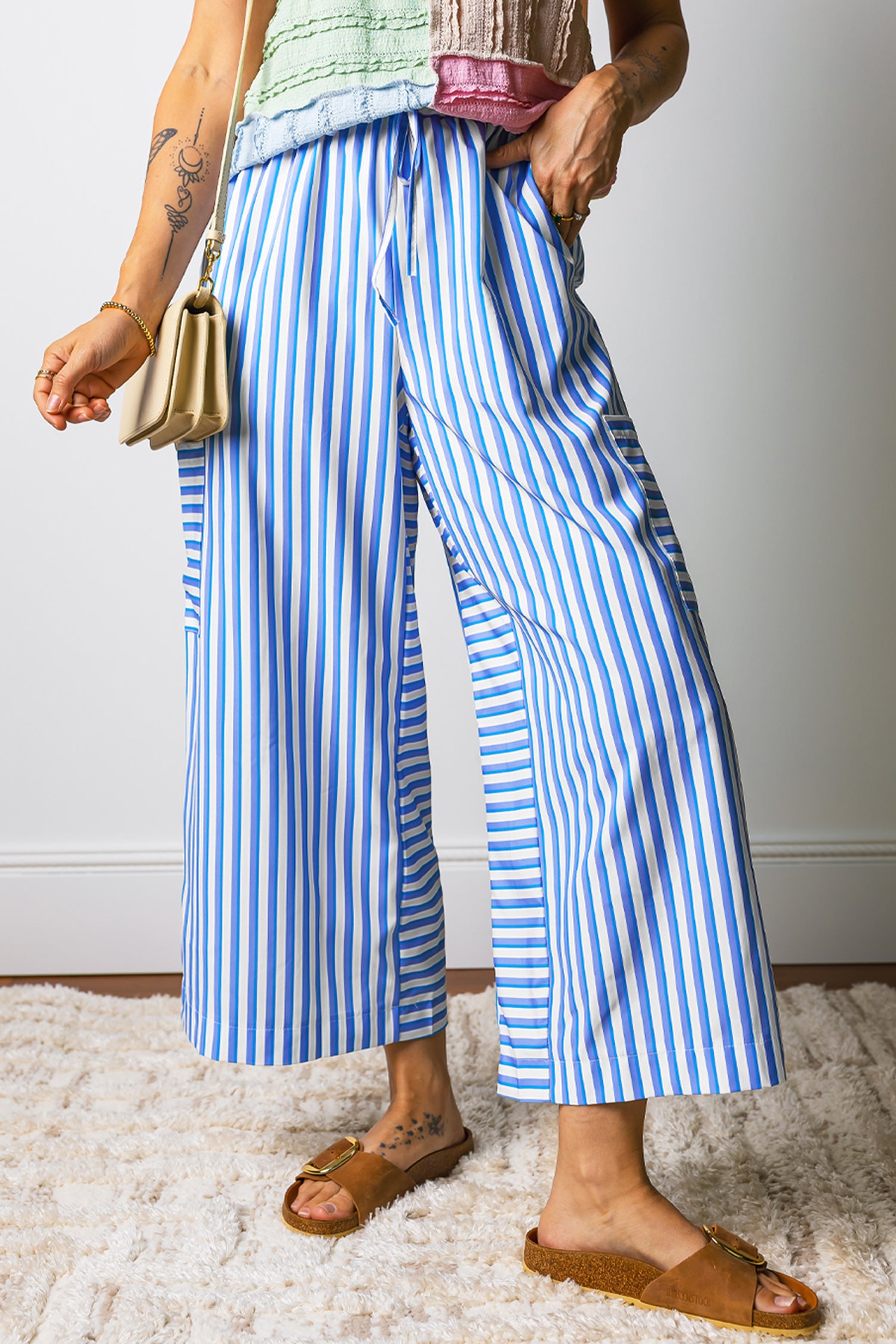 Sky Blue Stripe Drawstring Elastic Waist Patch Pocket Wide Leg Ankle-length Pants