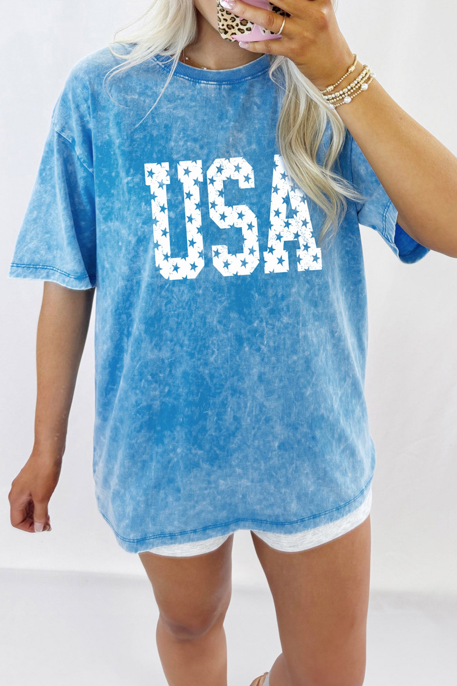 Blue USA Star Print Mineral Washed Cotton Tee
