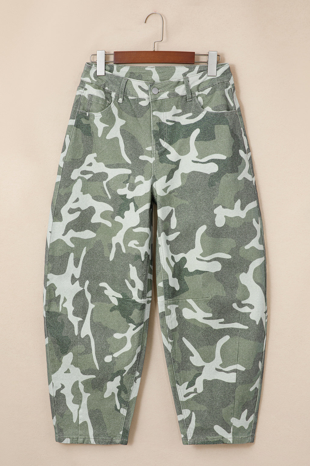Green Camo Print Button Fly Straight Leg Ankle Length Jeans