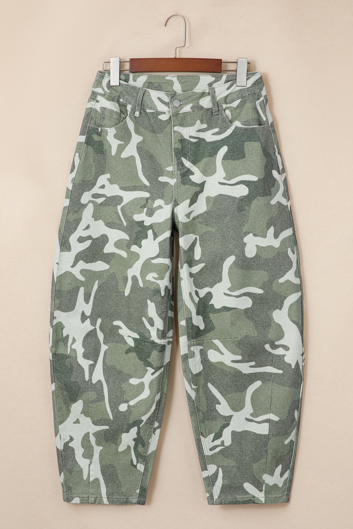Green Camo Print Button Fly Straight Leg Ankle Length Jeans