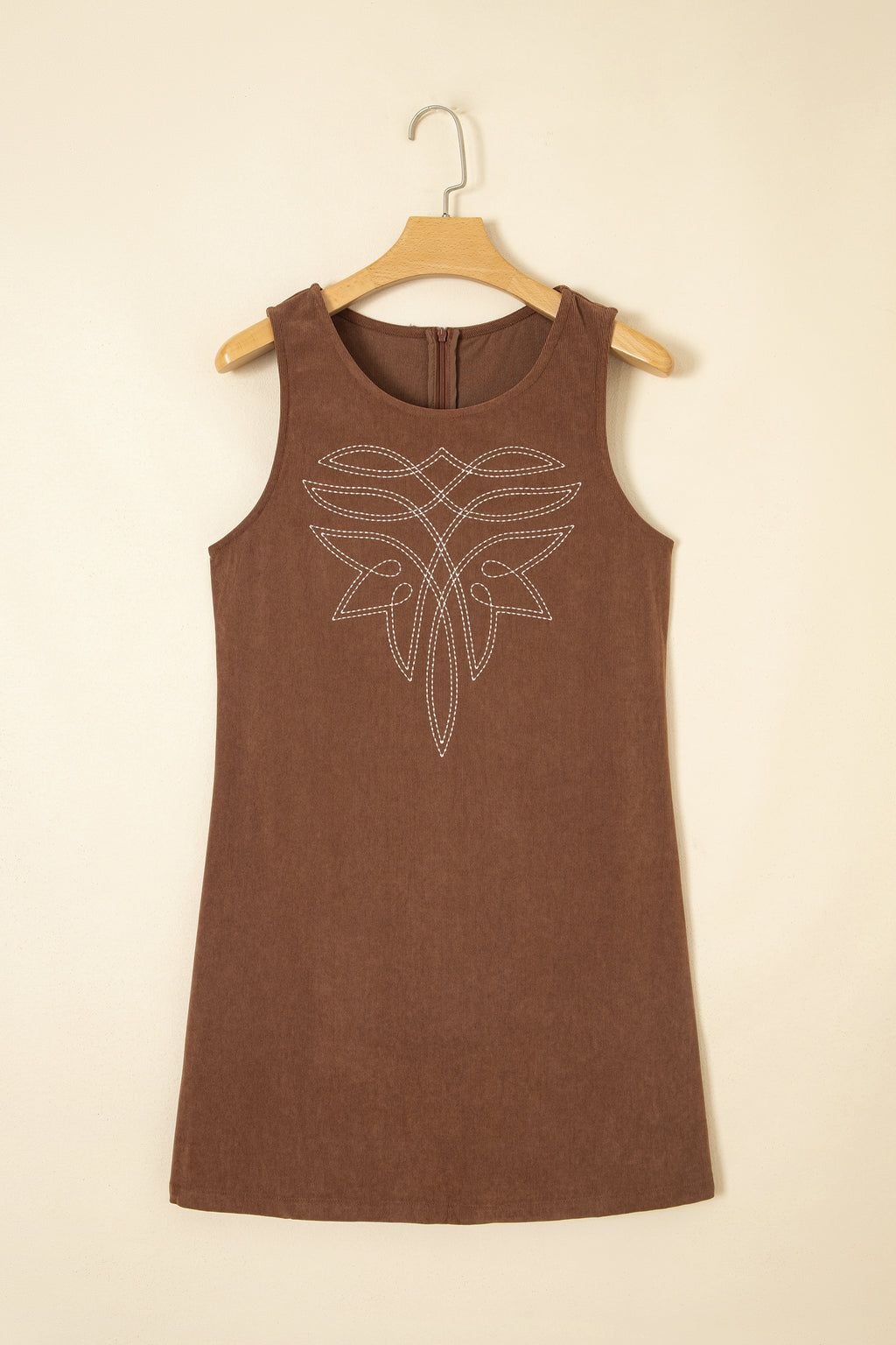 Coffee Geometric Embroidery Sleeveless Corduroy Shift Dress