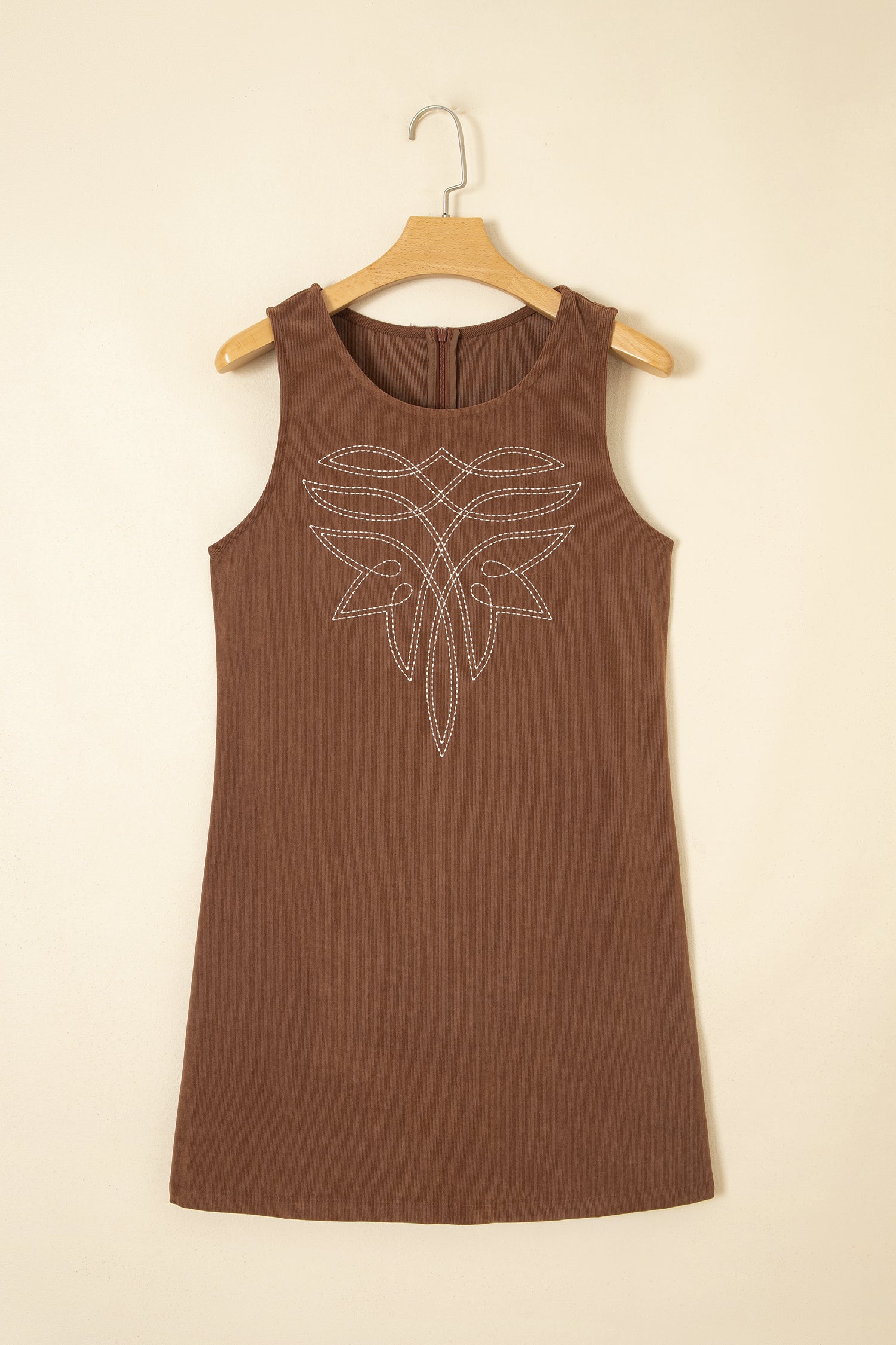 Coffee Geometric Embroidery Sleeveless Corduroy Shift Dress
