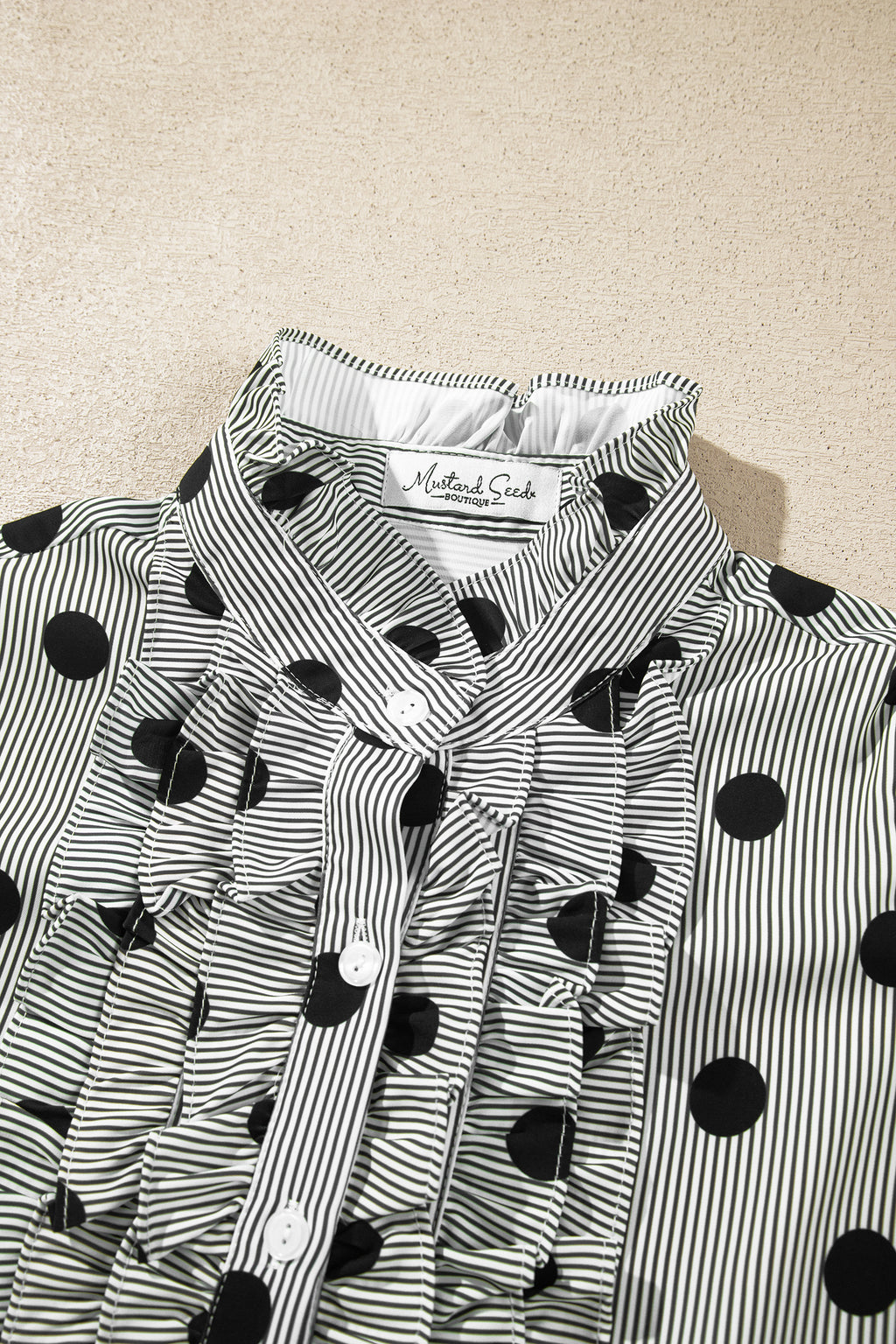 Sky Blue Polka Dot Print Ruffle Stand Neck 3/4 Sleeve Shift Shirt