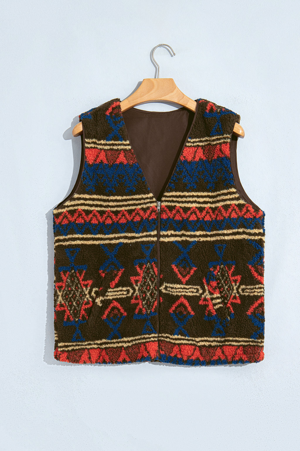 Multicolour Western Print Faux Fur Metal Zipper Insert Pockets Sleeveless Vest
