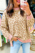 Khaki Leopard Polka Dot Colorblock Trim Long Sleeve Top
