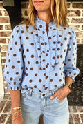Sky Blue Polka Dot Print Ruffle Stand Neck 3/4 Sleeve Shift Shirt