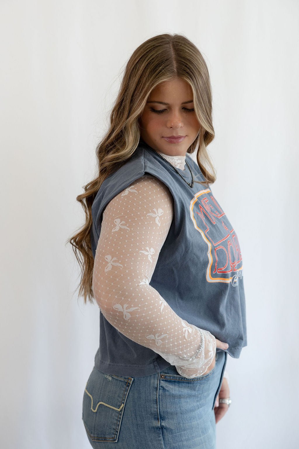 Sweet Generis Mesh Bow High Neck Long Sleeve Fitted Top — Dot Mesh with Small Bow Detail (Black & Off White)