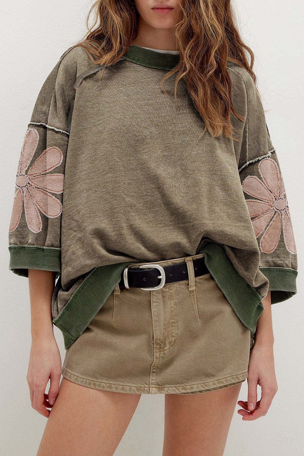 Breen Mineral Wash Raw Seam Patchwork Flower Patched 3/4 Sleeve Oversize Top