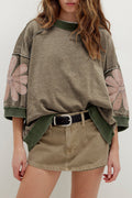 Breen Mineral Wash Raw Seam Patchwork Flower Patched 3/4 Sleeve Oversize Top