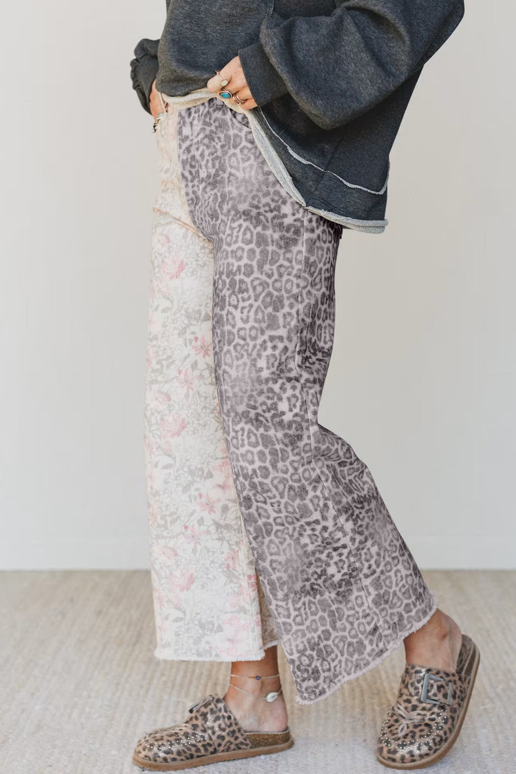 Multicolour Retro Floral Leopard Contrast Patchwork Raw Hem Jeans