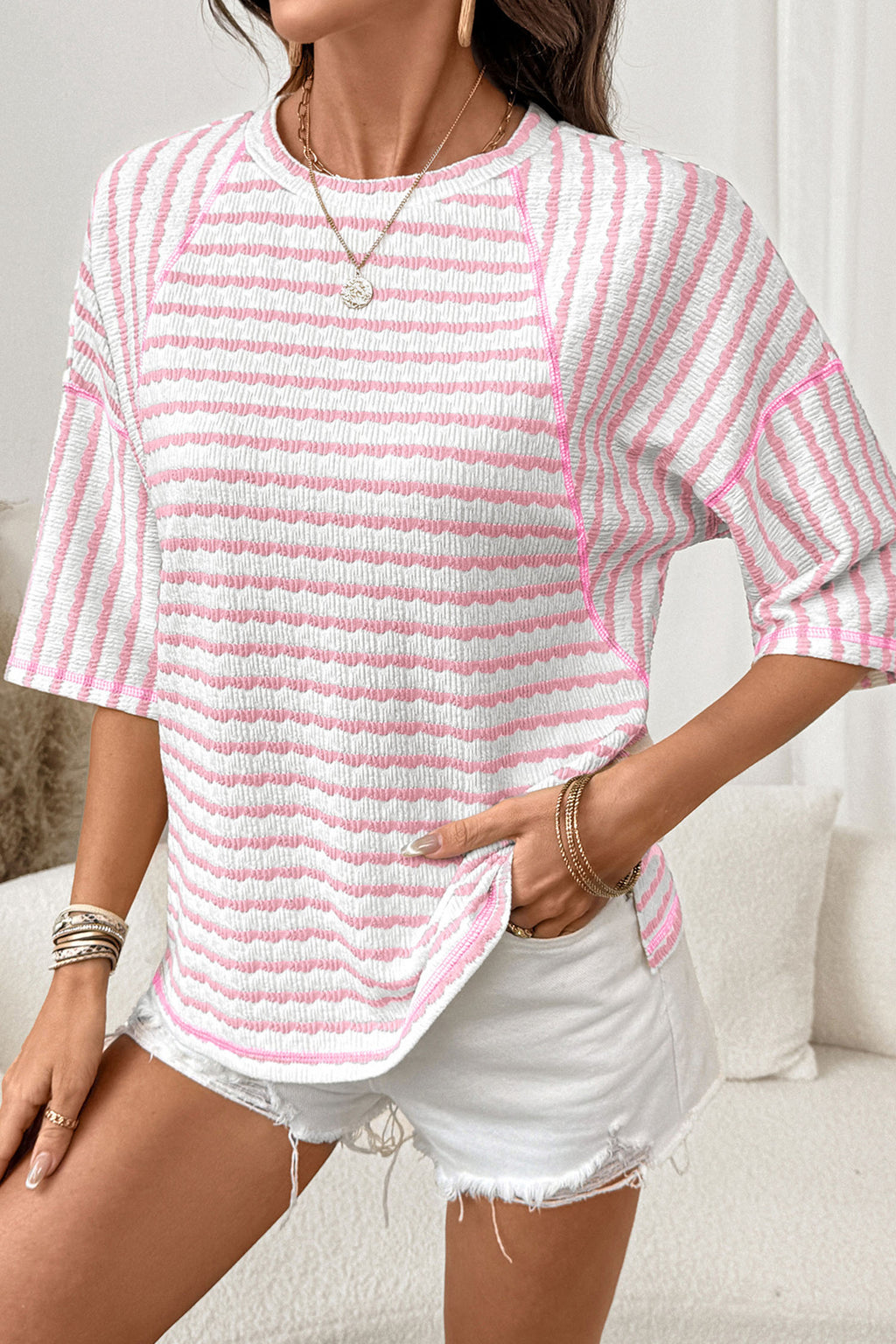 Sky Blue Stripe Textured Knit Split Hem Half Sleeve Loose Top