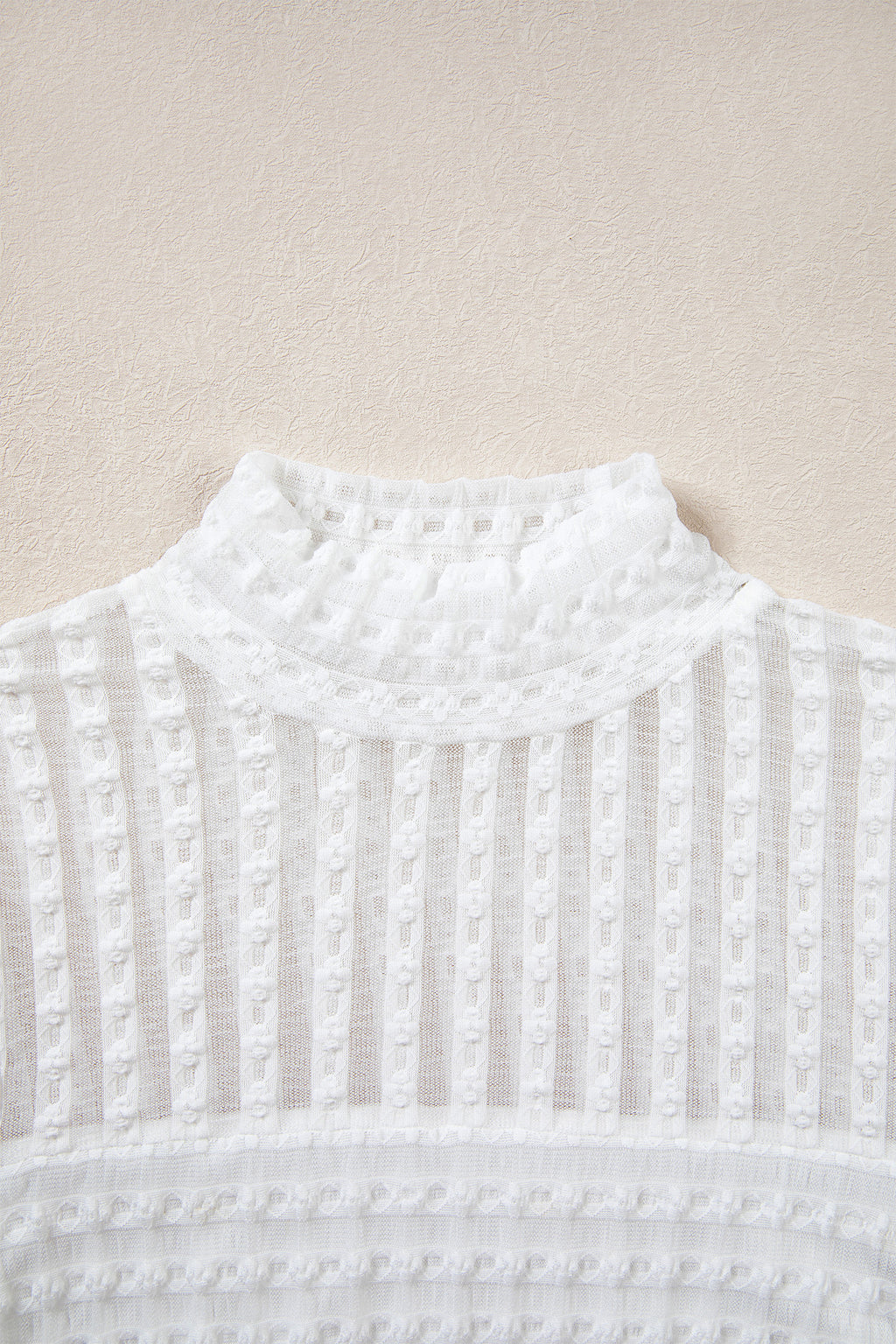 Beige Textured Sheer Lace High Neck Long Sleeve Top