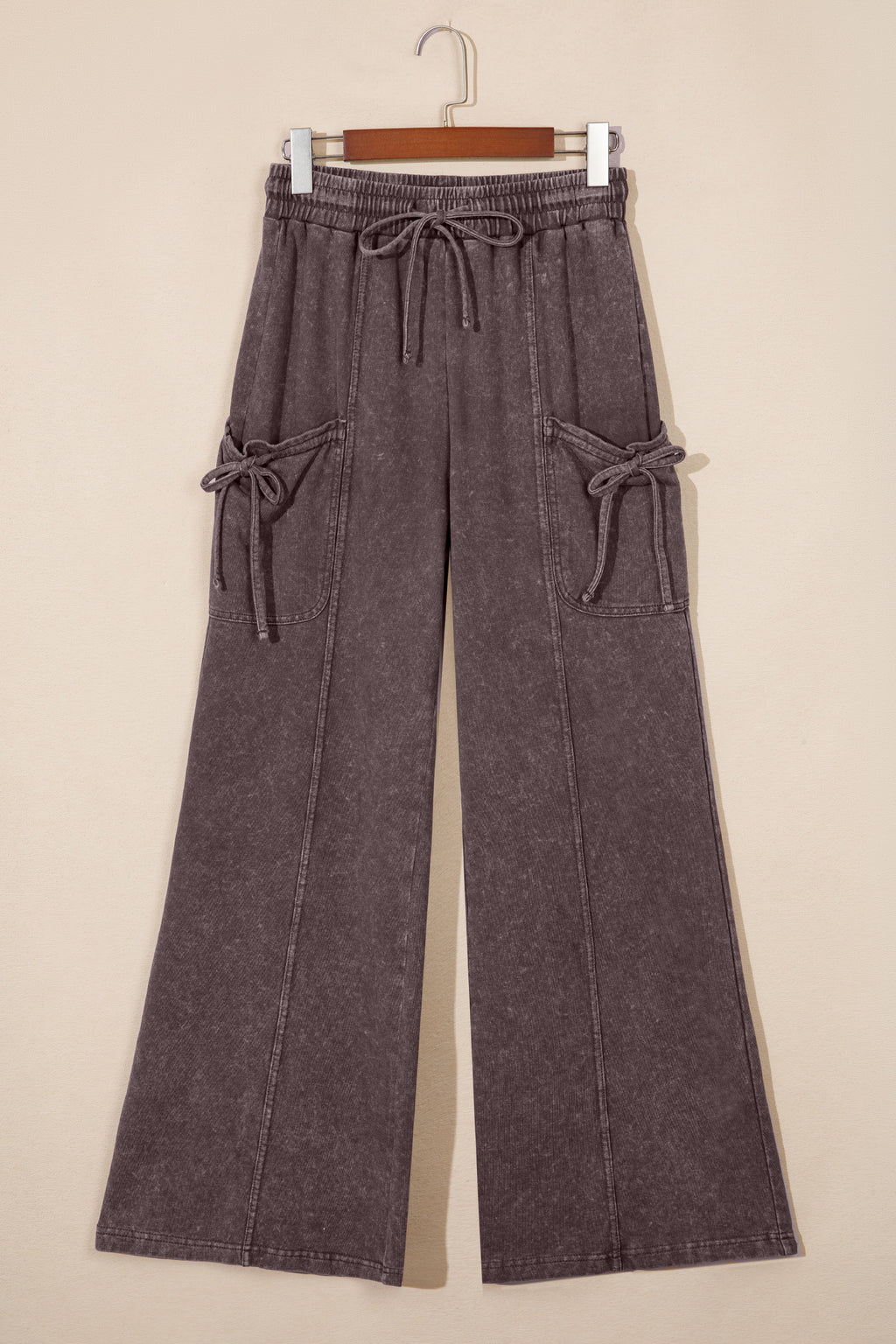 Dark Brown Cotton Mineral Wash Elastic Waist Drawstring Tie Detail Cargo Pants