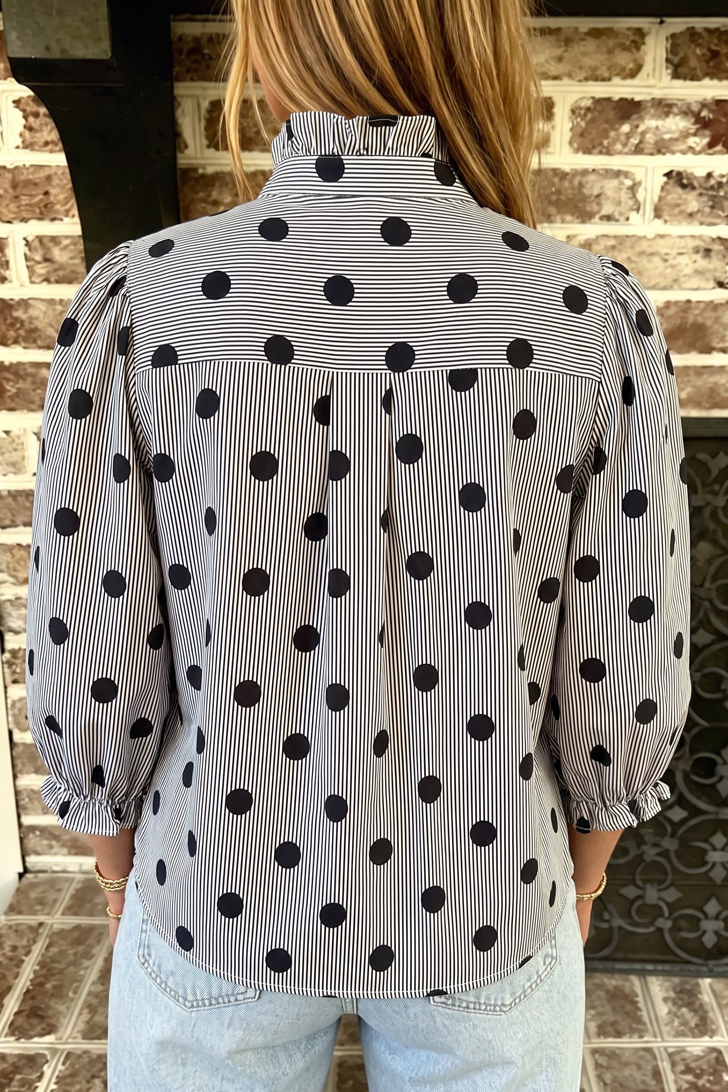 Sky Blue Polka Dot Print Ruffle Stand Neck 3/4 Sleeve Shift Shirt