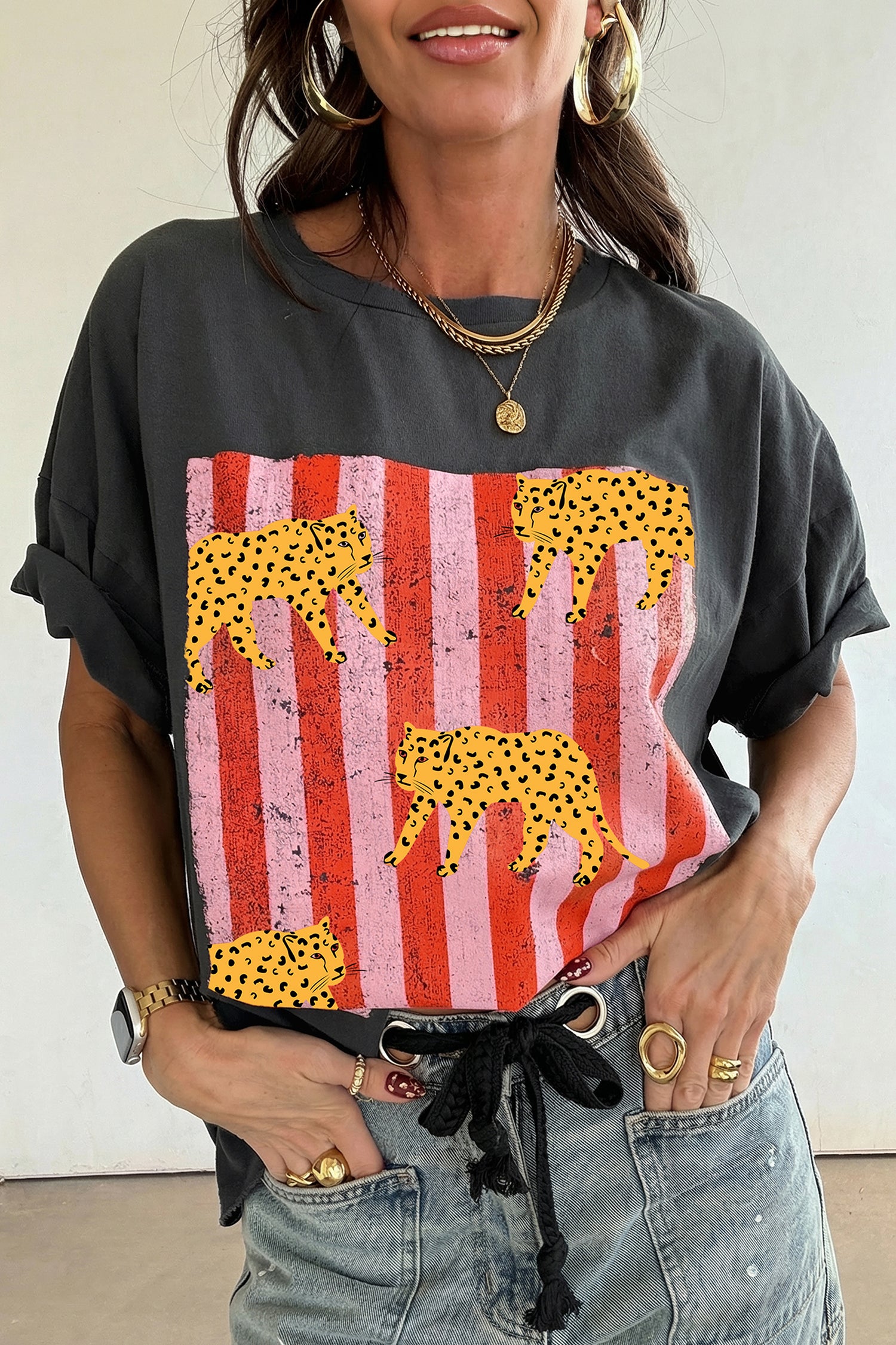 White Cheetah Striped Print Retro Fashion Graphic Tee
