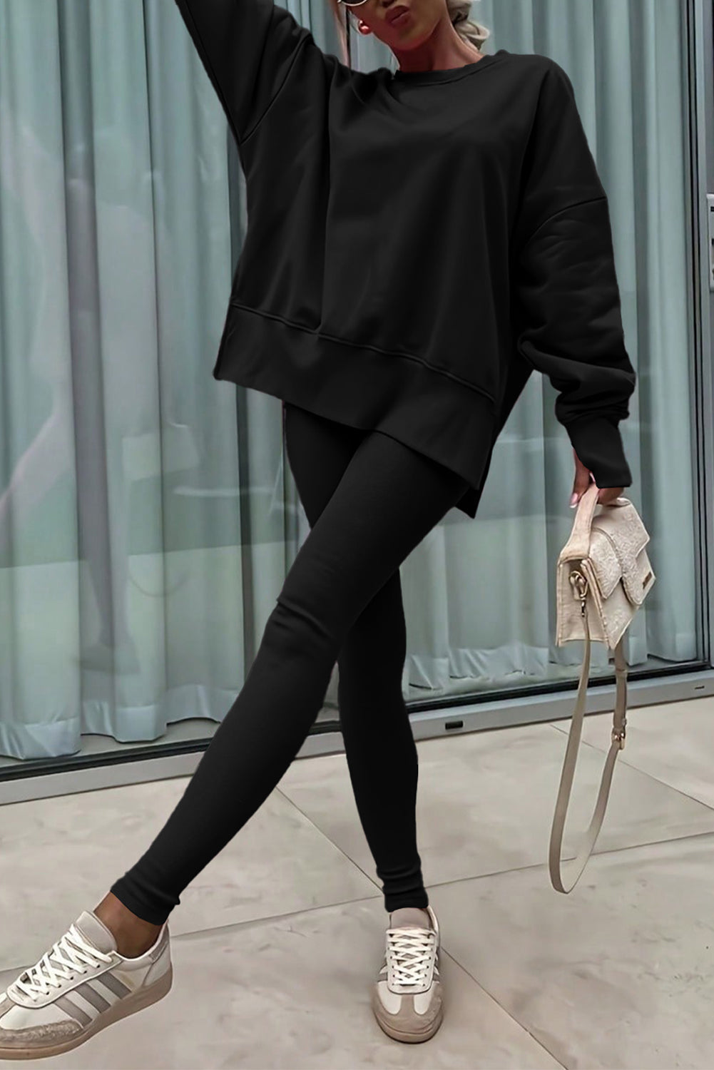 Jet Stream Solid Color Oversize Slit Sweatshirt Ribbed Leggings 2pcs Set