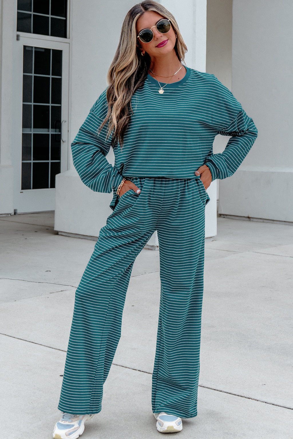 Green Stripe Dropped Shoulder Long Sleeve Top Elastic Waist Pants Casual 2pcs Set