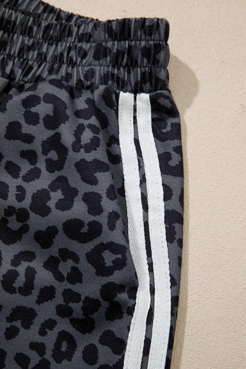 Gray Leopard Print Varsity Striped Detail 3/4 Sleeve Top Shift Pant Set