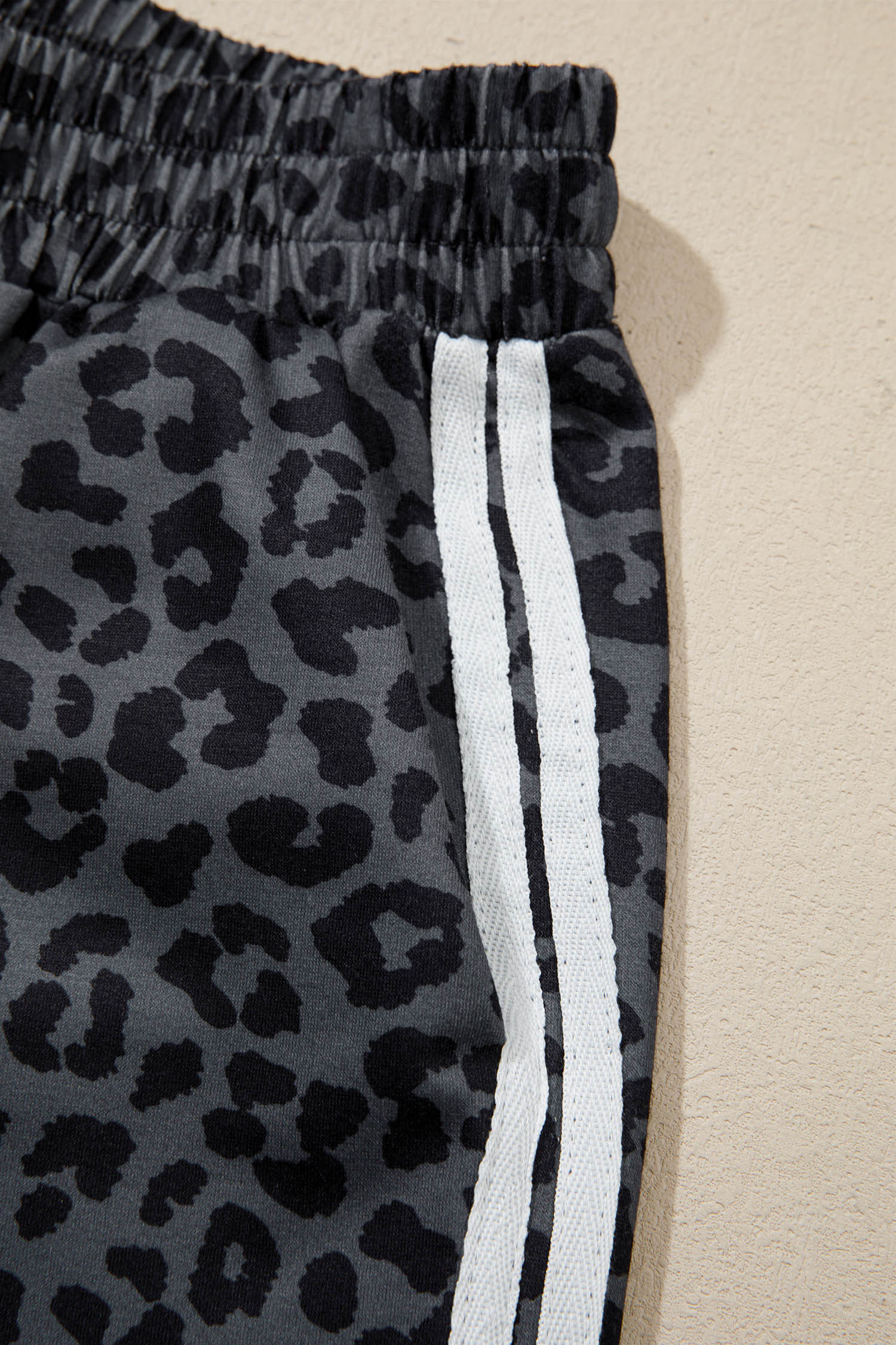 Gray Leopard Print Varsity Striped Detail 3/4 Sleeve Top Shift Pant Set