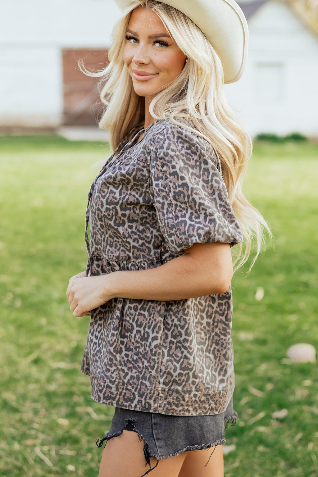 Brown Leopard Tie Neck Short Puff Sleeve Denim Babydoll Top