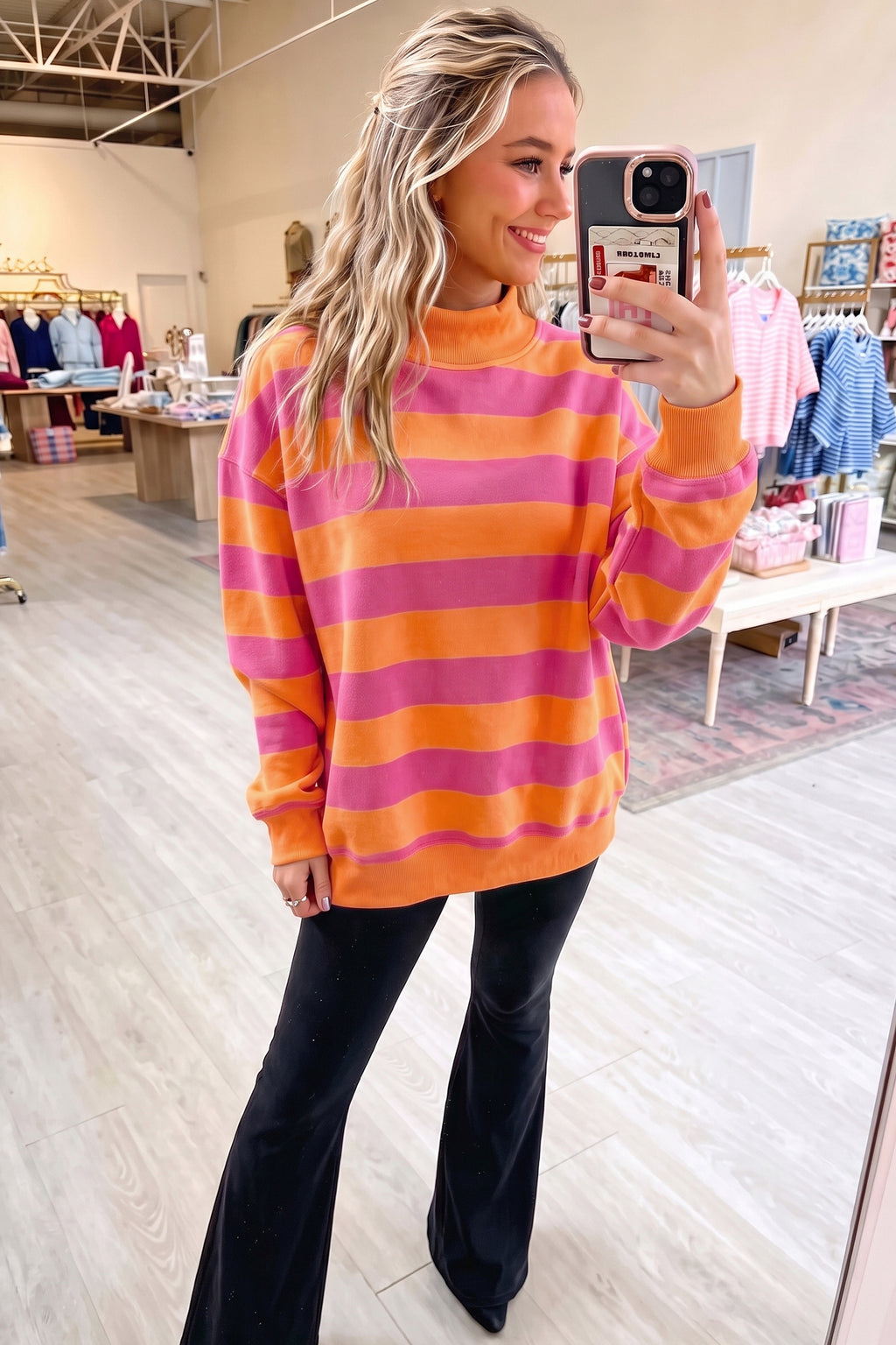 Rose Stripe Colorblock Mock Neck Relaxed Sweatshirt