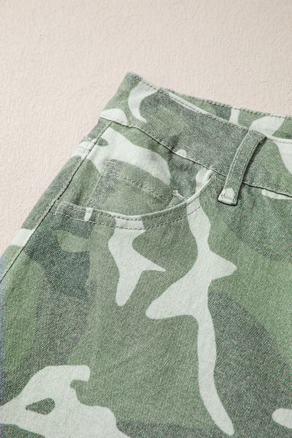 Green Camo Print Button Fly Straight Leg Ankle Length Jeans