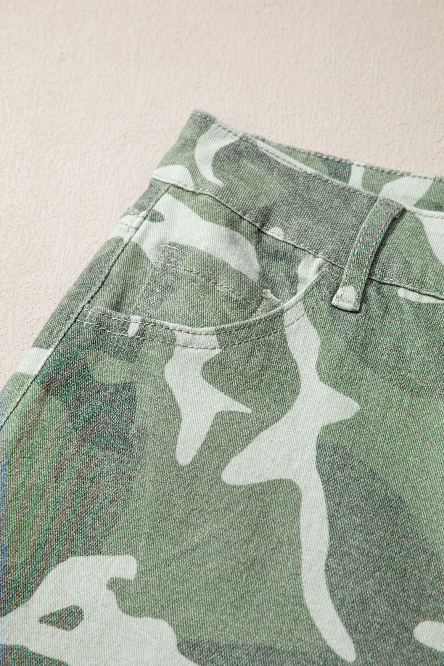 Green Camo Print Button Fly Straight Leg Ankle Length Jeans