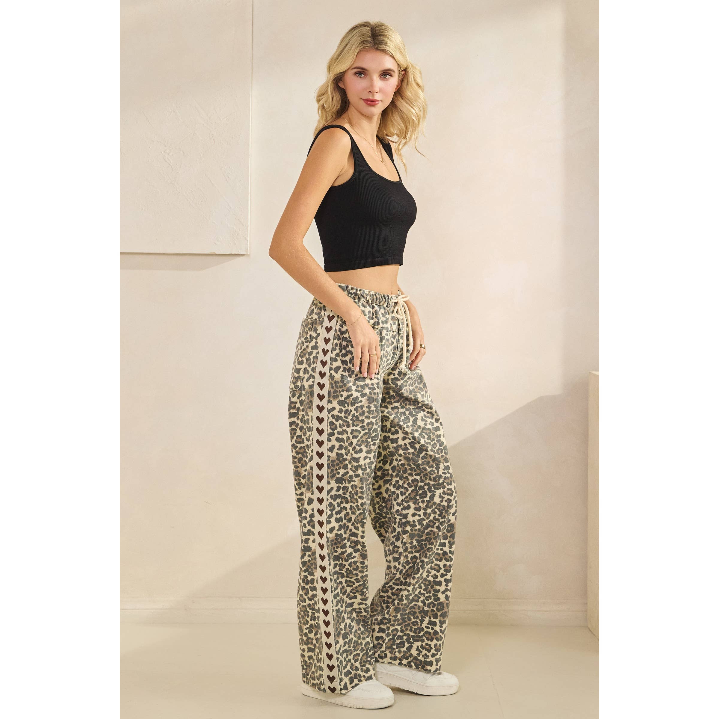 Leopard Printed Striped Wide Legged Pants