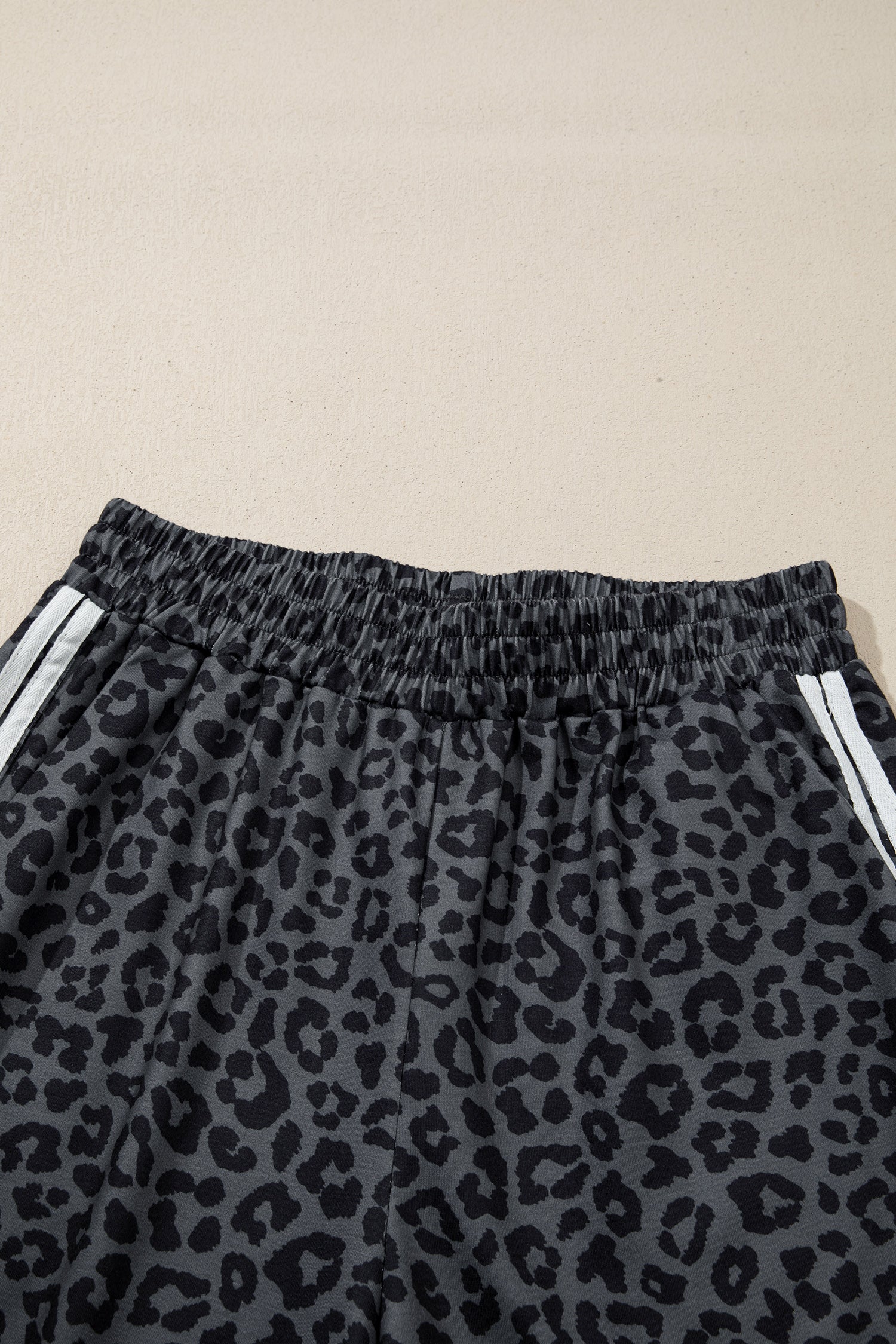 Gray Leopard Print Varsity Striped Detail 3/4 Sleeve Top Shift Pant Set