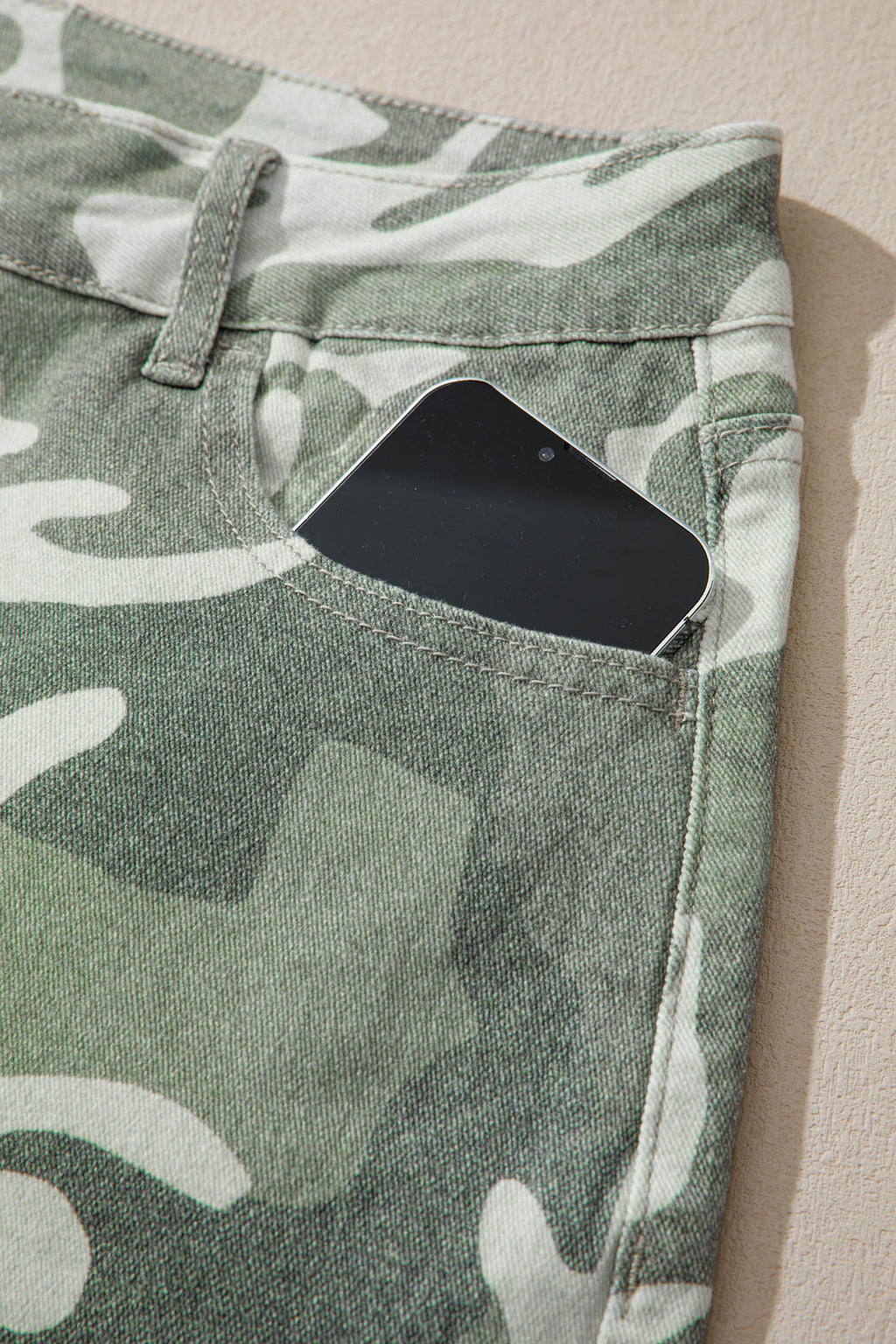Green Camo Print Button Fly Straight Leg Ankle Length Jeans