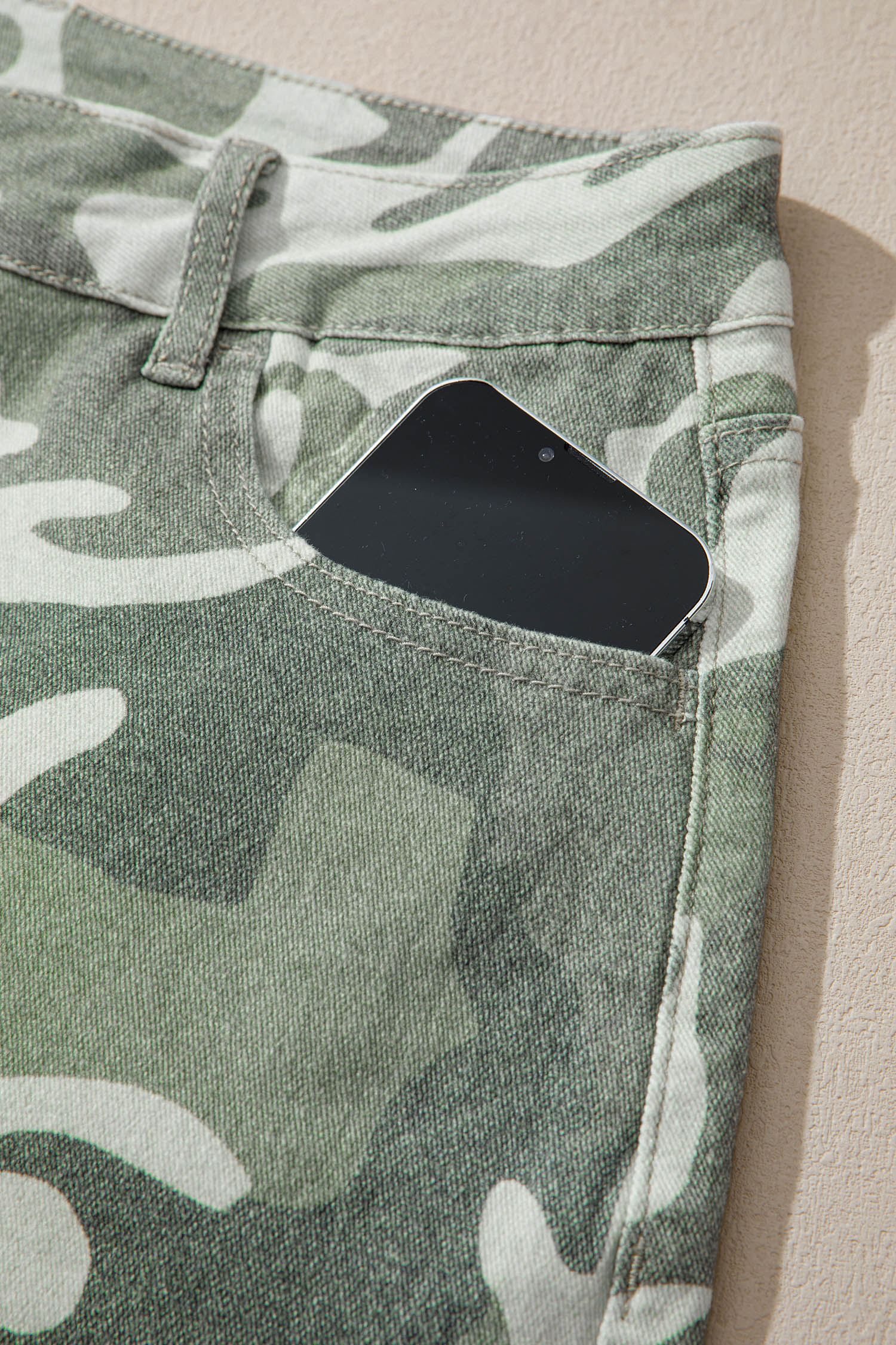 Green Camo Print Button Fly Straight Leg Ankle Length Jeans