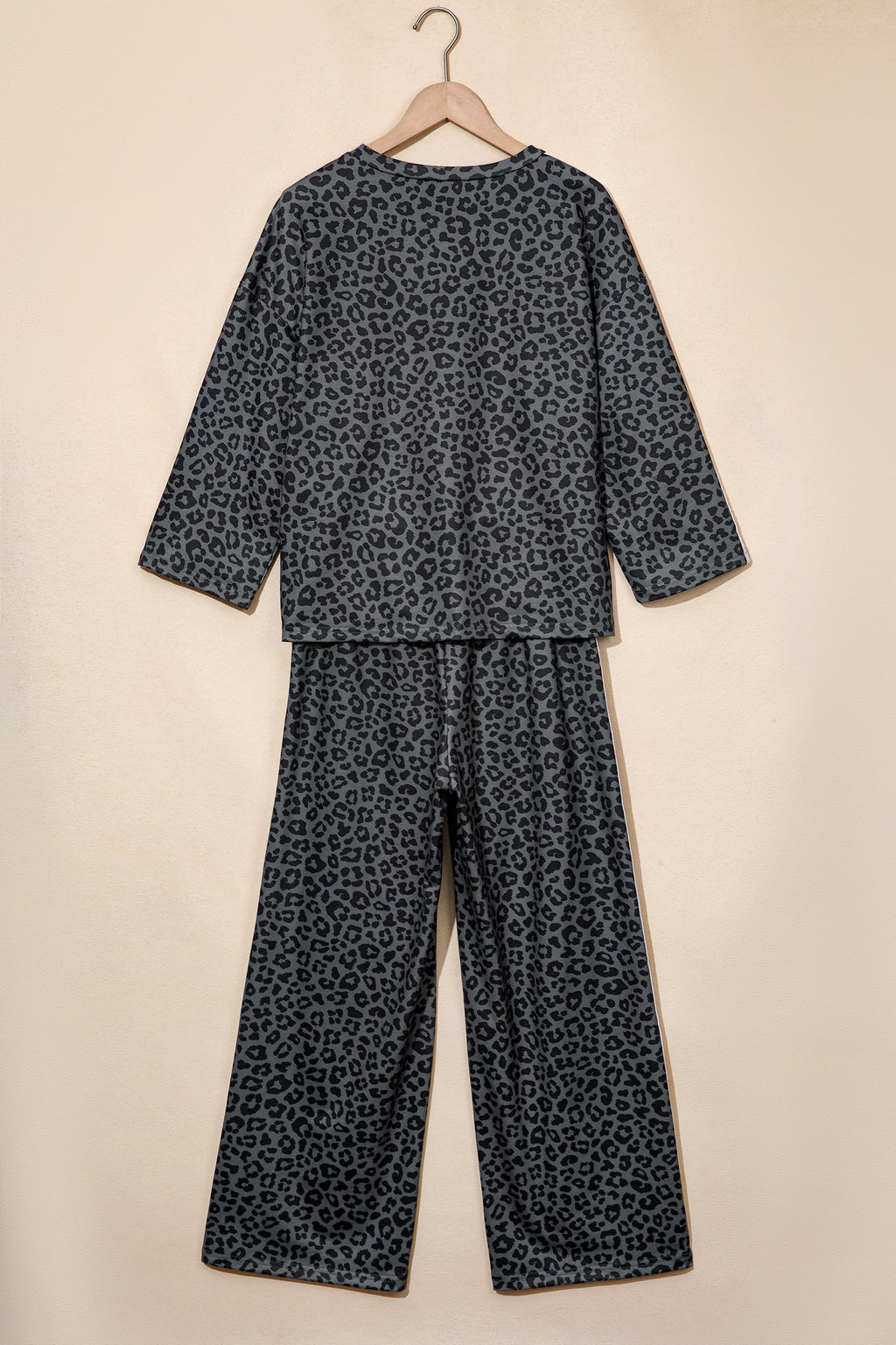 Gray Leopard Print Varsity Striped Detail 3/4 Sleeve Top Shift Pant Set