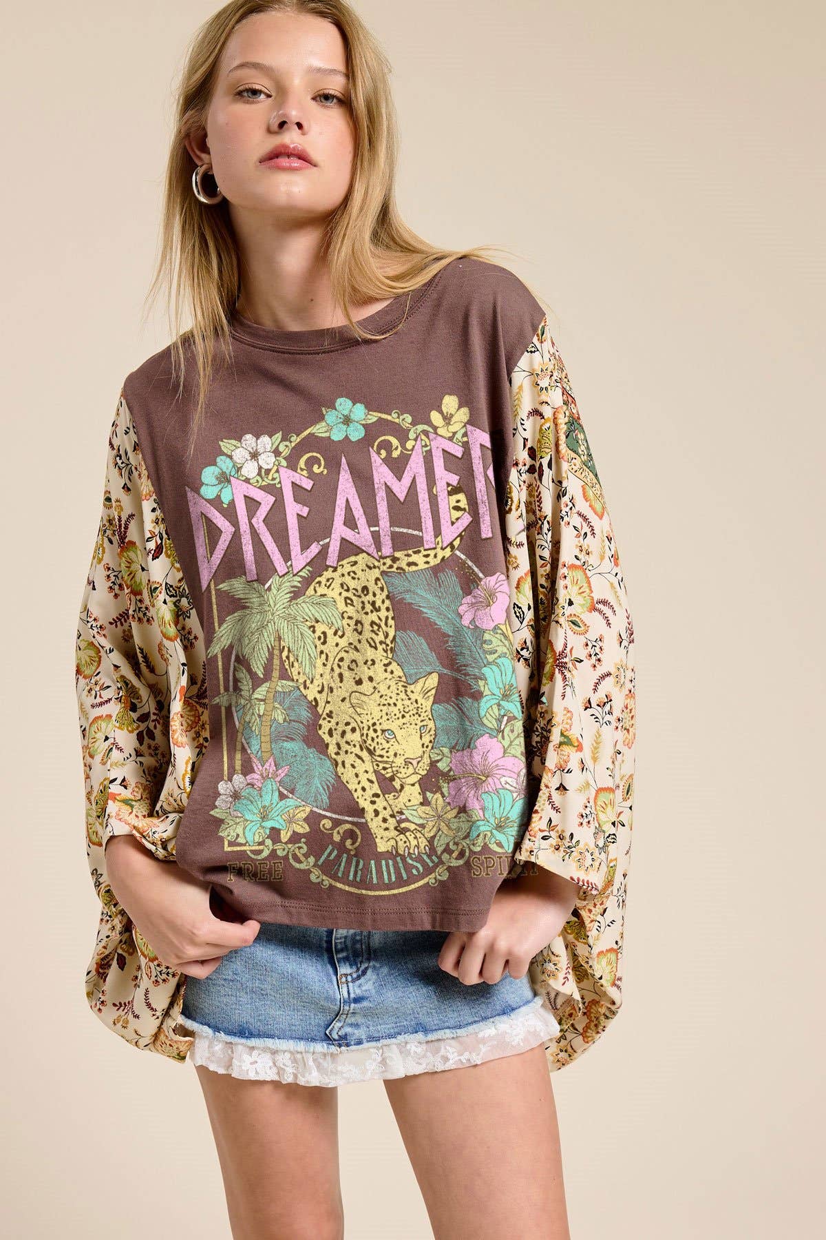 Dreamer Leopard Paradise Graphic Rustic Sheer Sleeves Kaftan