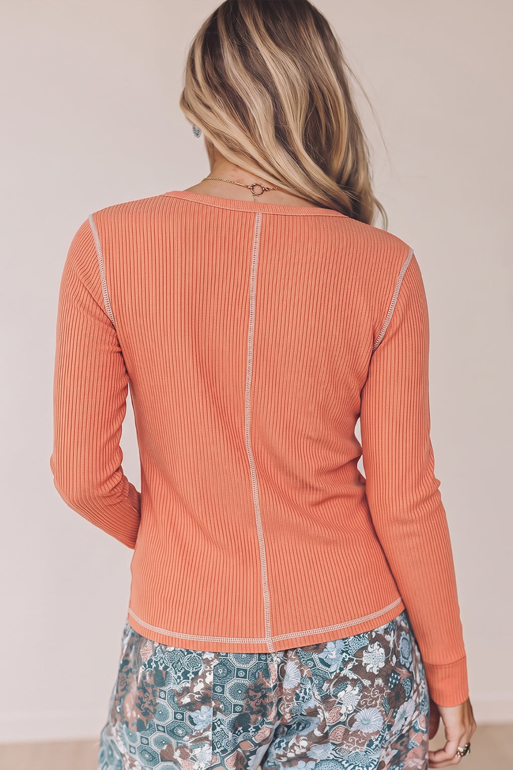 Peacock Blue V Neck Ribbed Stitched Detail Long Sleeve Top