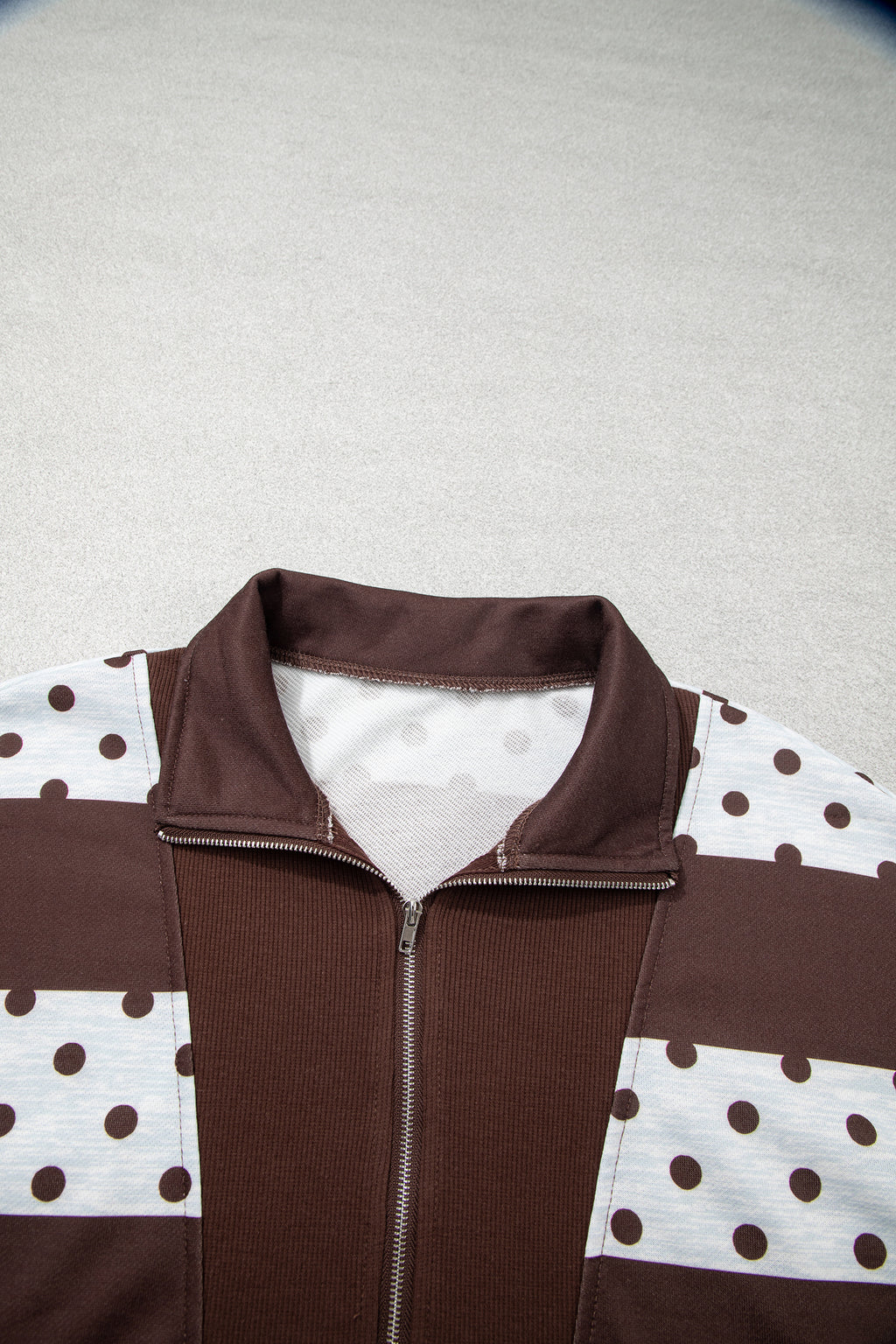 Pink Stripe Patchwork Polka Dot Accent Quarter Zip Long Sleeve Top