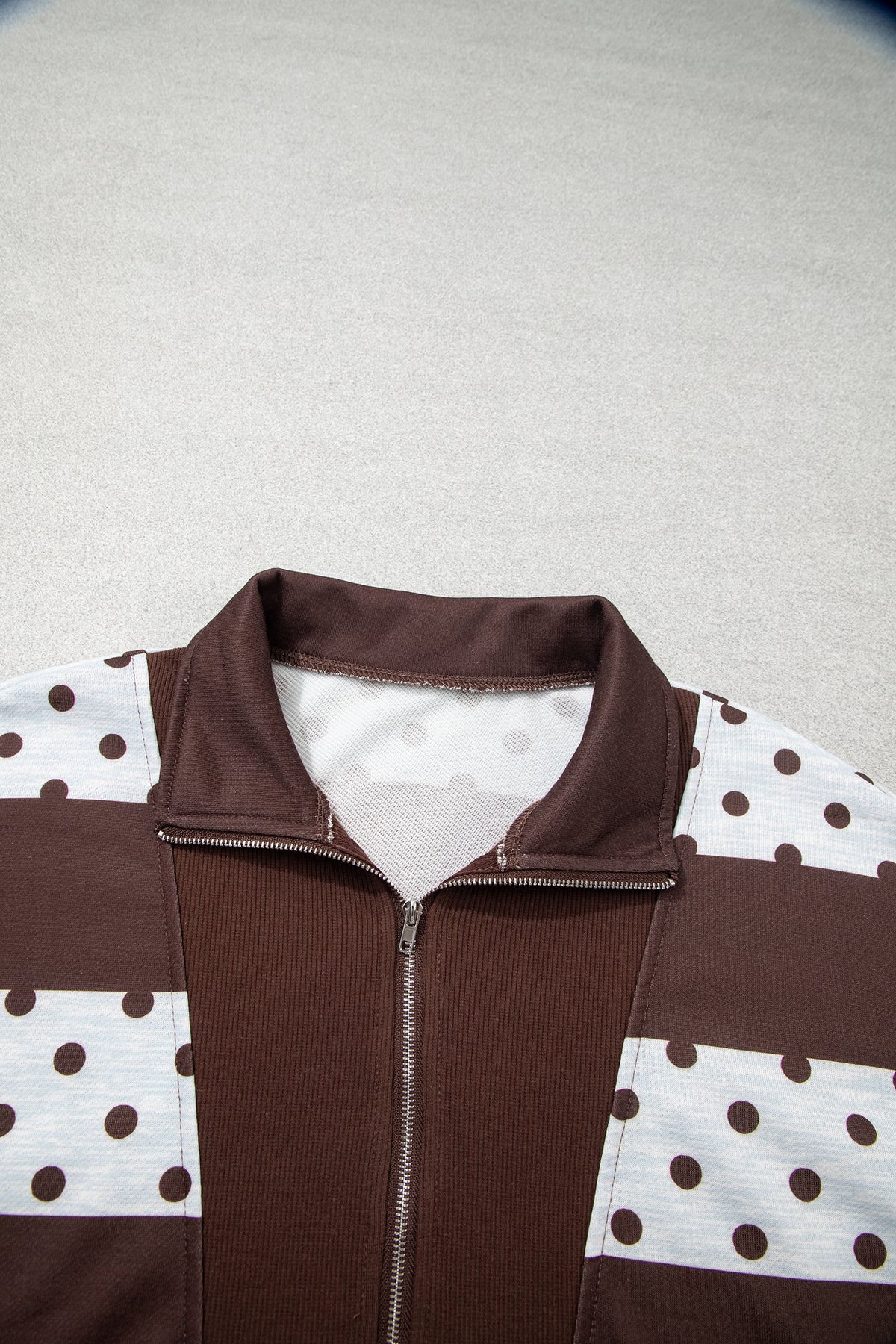 Pink Stripe Patchwork Polka Dot Accent Quarter Zip Long Sleeve Top