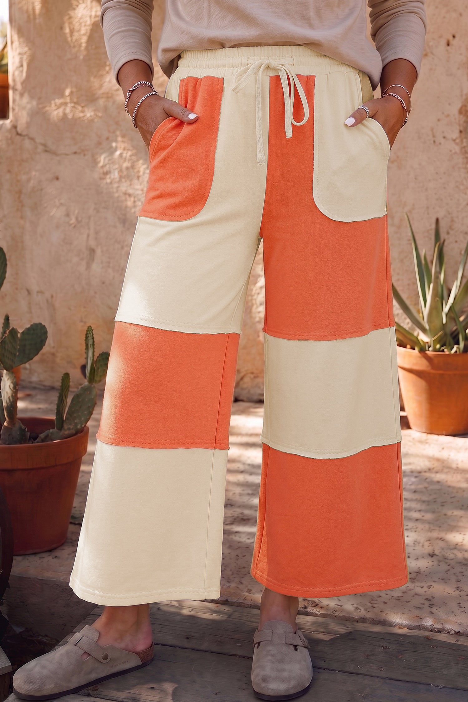 Fiery Red Raw Seam Colorblock Wide Leg Ankle Length Casual Pants