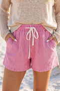 Pink Stripe Drawstring Elastic Waist Casual Denim Shorts