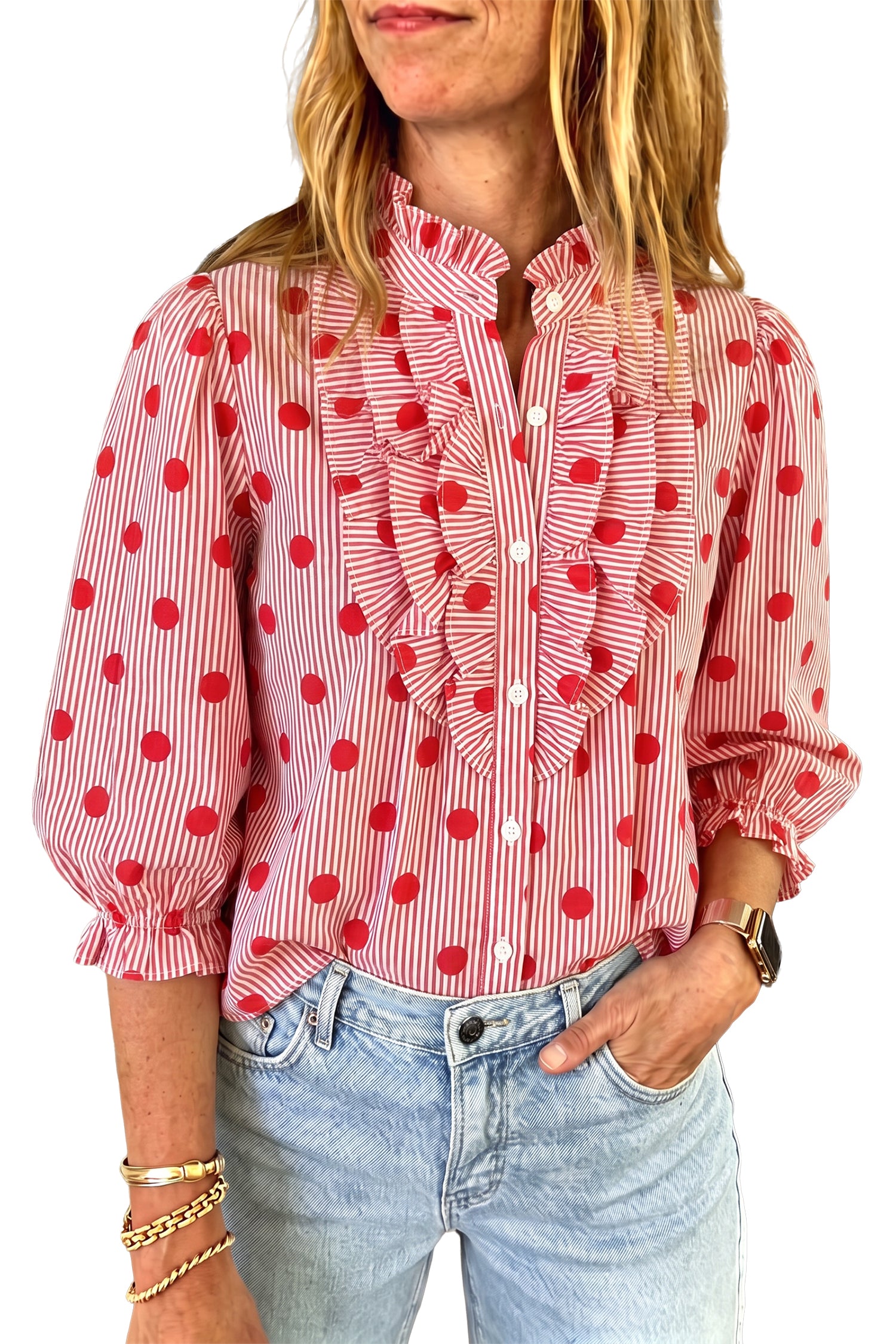 Sky Blue Polka Dot Print Ruffle Stand Neck 3/4 Sleeve Shift Shirt