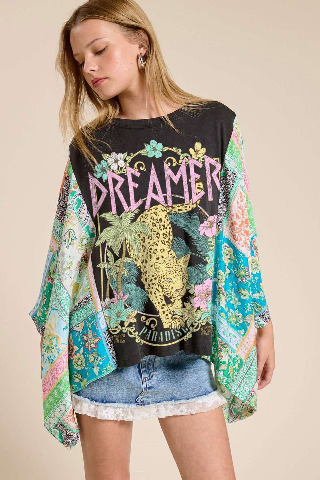 Dreamer Leopard Paradise Graphic Rustic Sheer Sleeves Kaftan